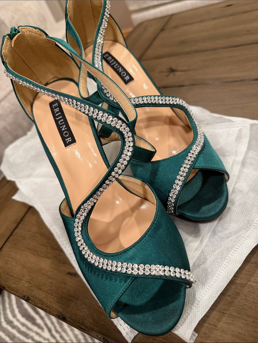 Emerald Green Satin Crystal-Trim Peep-Toe Heels Size 9 #496